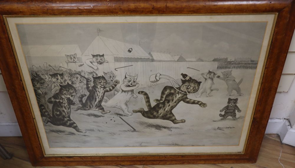 Louis Wain, an early monochrome print, Welsher, 52 x 76cm, maple framed